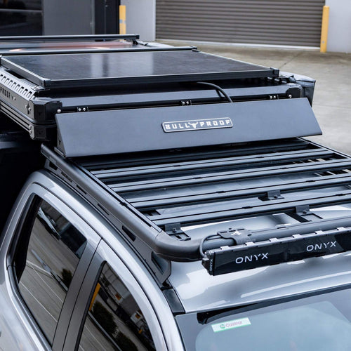 Bull Proof Australian-made aluminium rooftop tent wind deflector in black powder coat