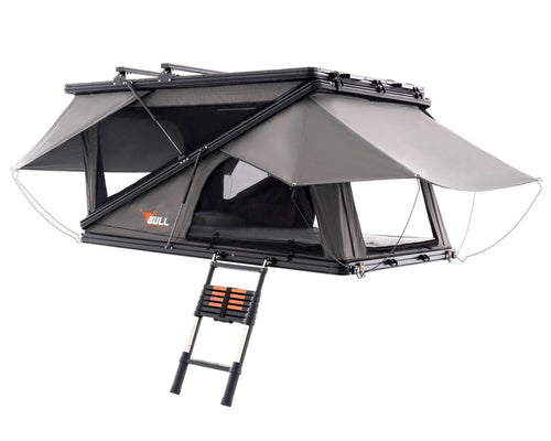 Summit XLZ 1550 twin-fold hardshell rooftop tent open with ladder and rainfly